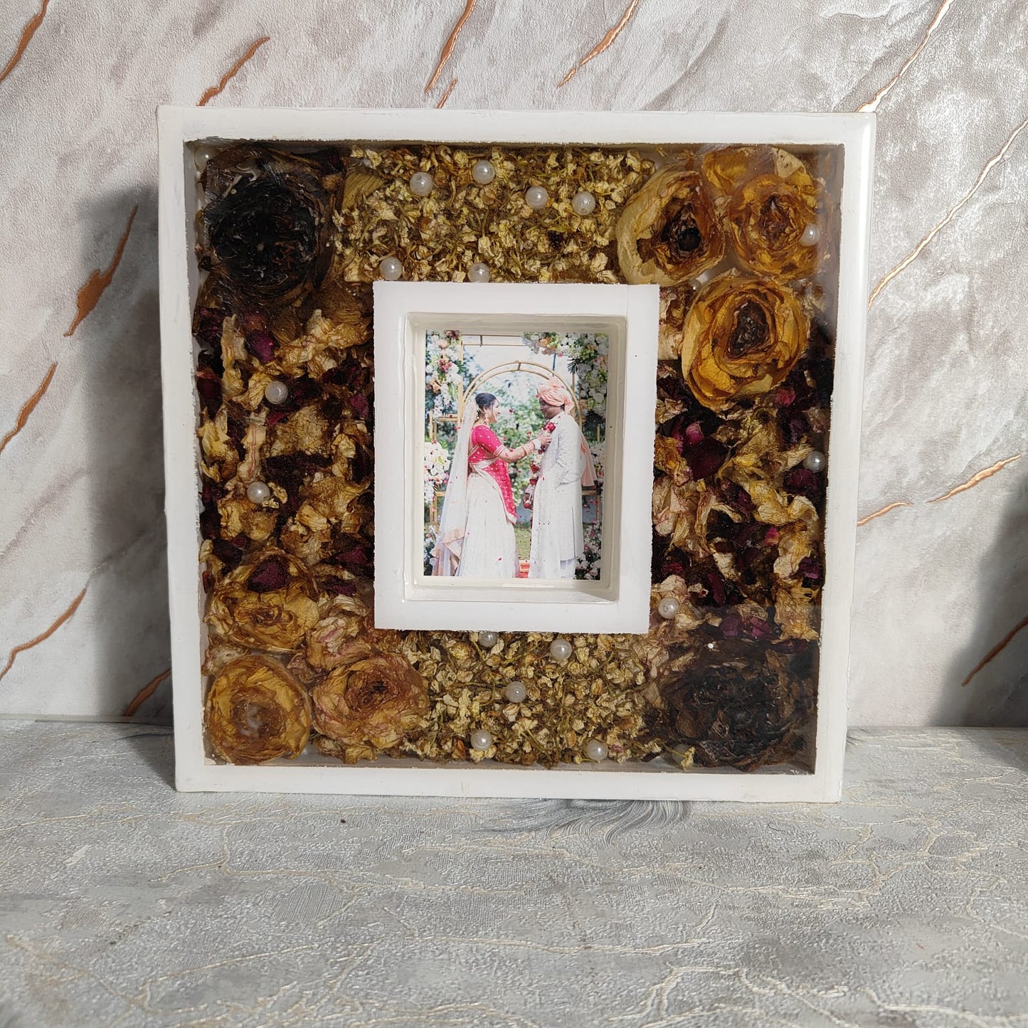 White Luxury Varmala Couple Photo Frame | Preserve Varmala in Square Wedding Keepsake | Table Decor Item with Pinewood Stand (10-inch)