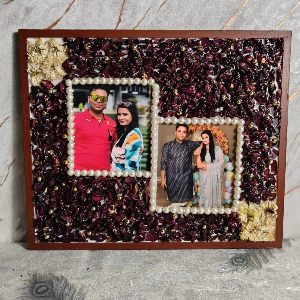 12 inch teak wood varmala preservation frame with two photos, dark roses