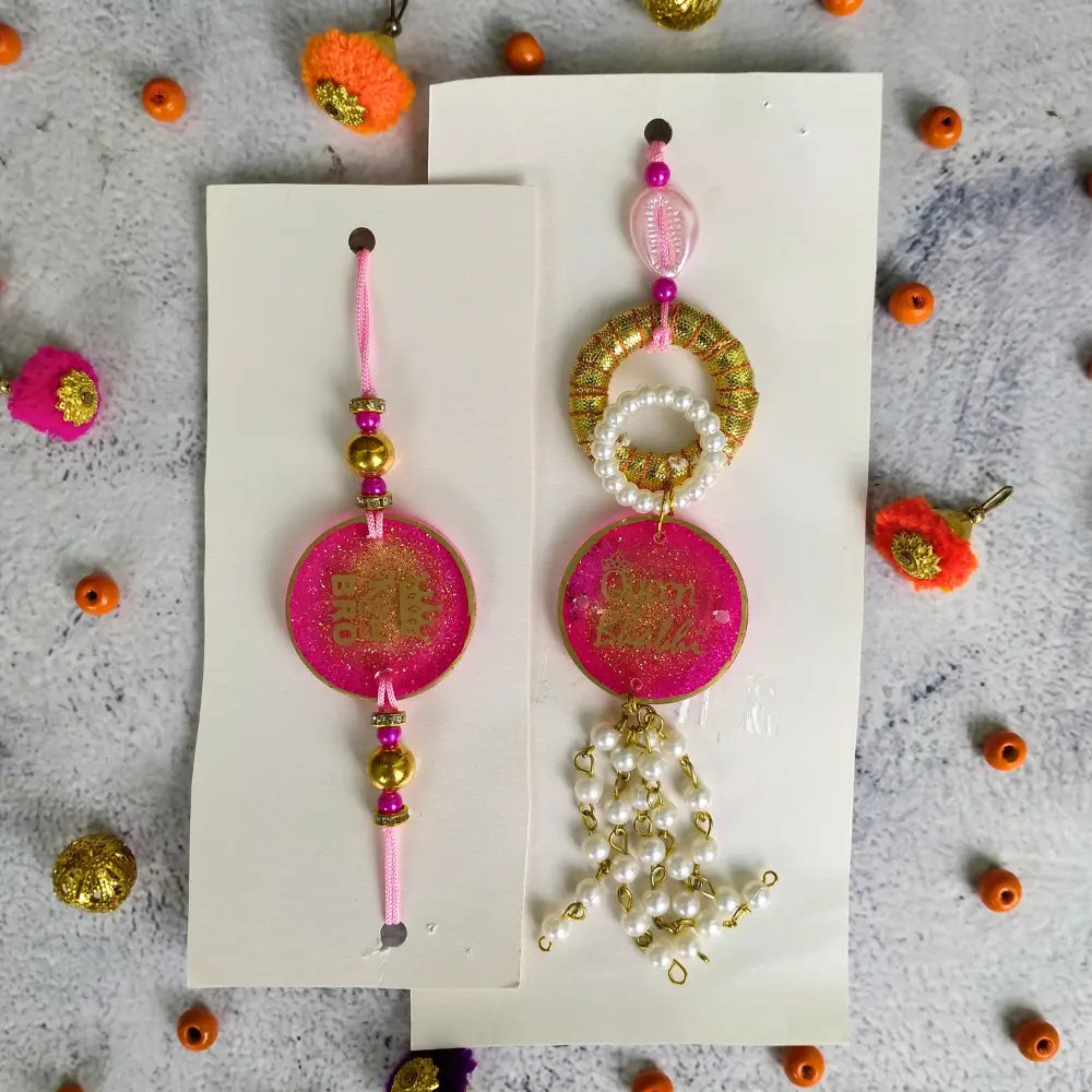 Pink Resin Couple Rakhi For Bhaiya Bhabhi (King and Queen)