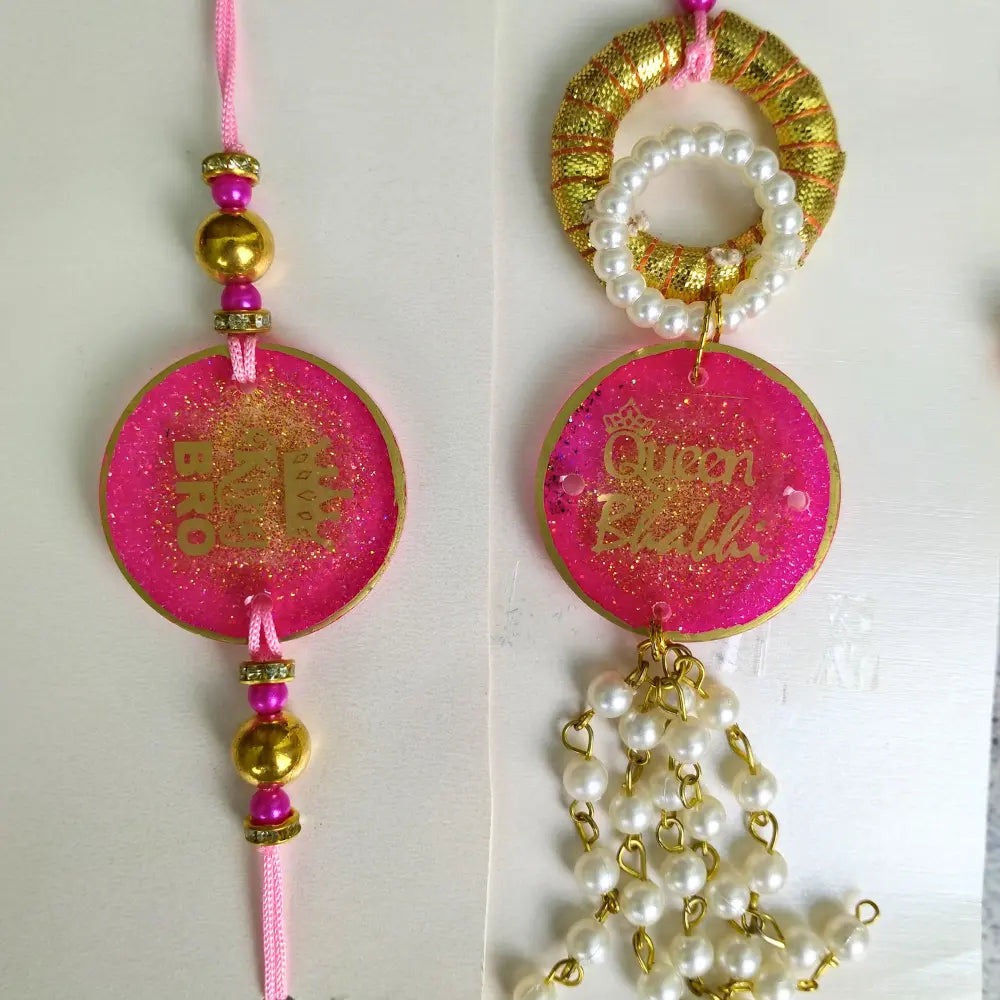Pink Resin Couple Rakhi For Bhaiya Bhabhi (King and Queen)