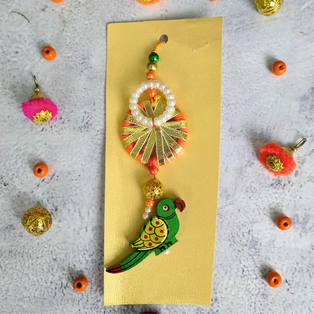 Lumba Bhabhi Rakhi White Pearls & Green Parrot
