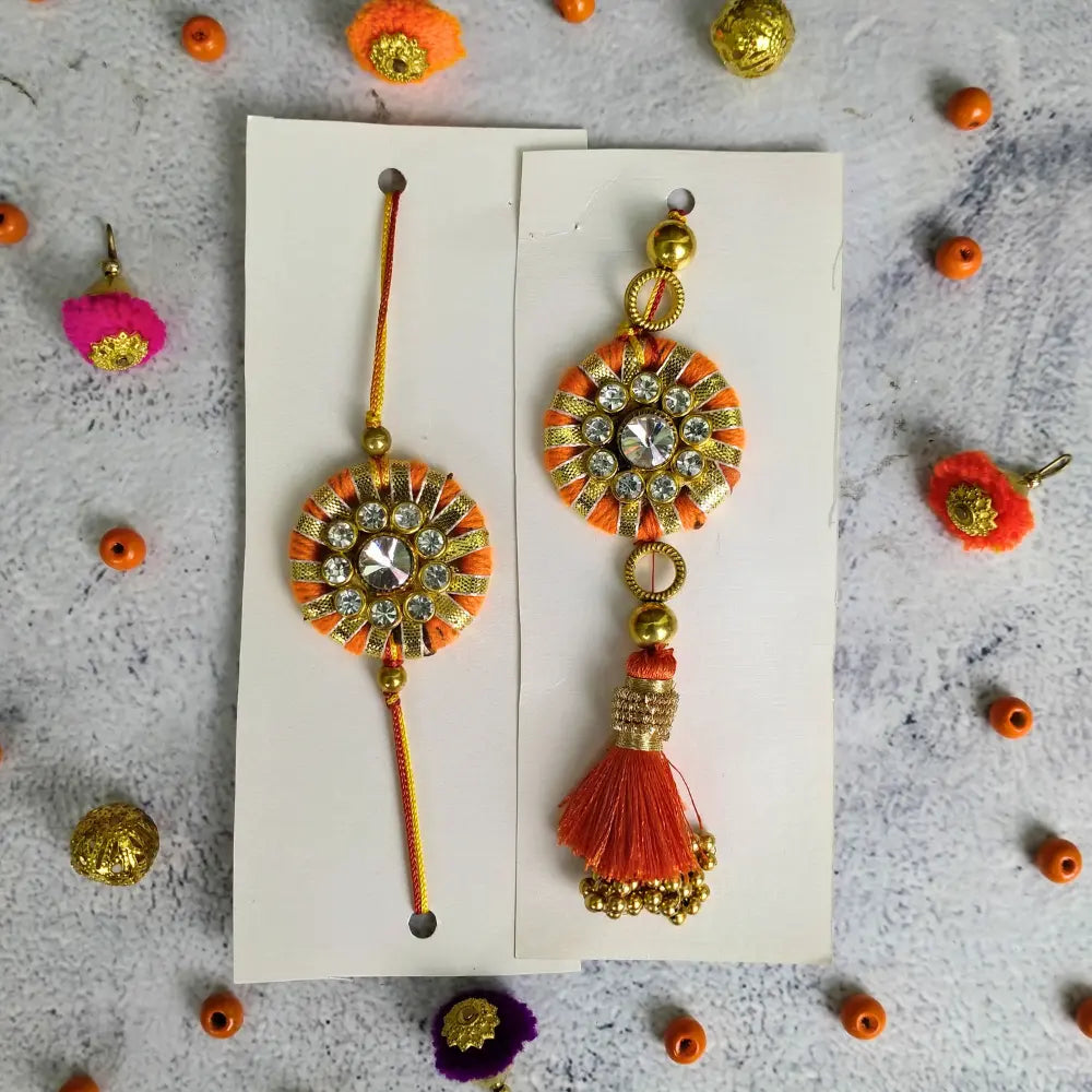 Beautiful Diamond & Gold Gota Rakhi For Bhaiya Bhabhi (Set Of Two)
