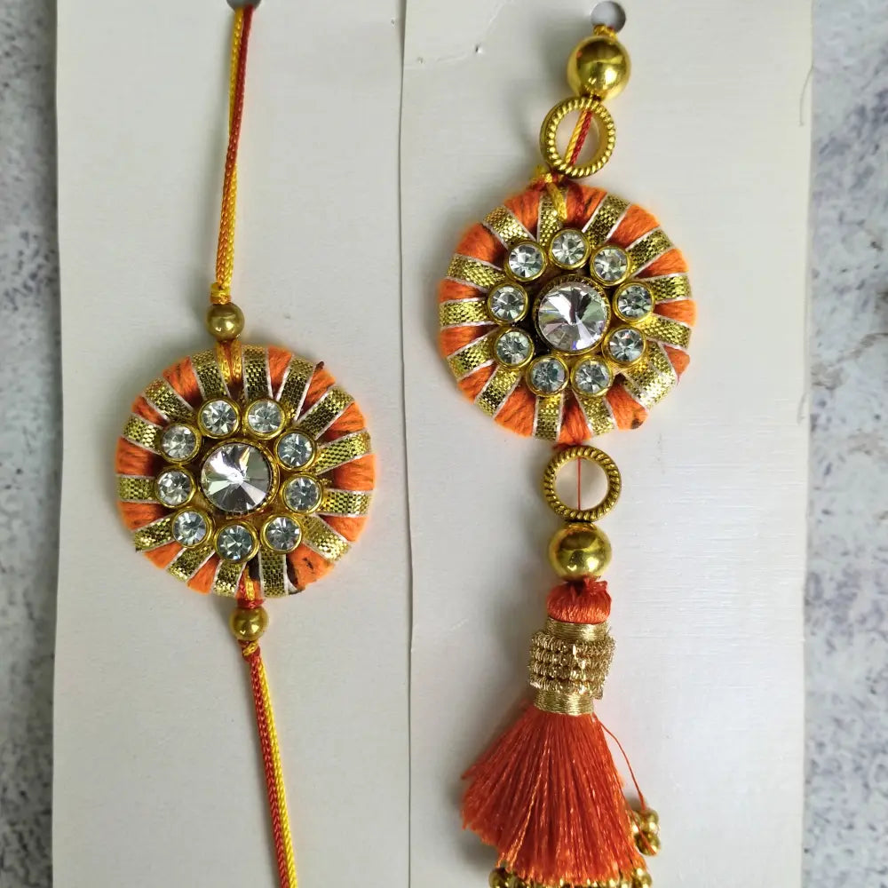 Beautiful Diamond & Gold Gota Rakhi For Bhaiya Bhabhi (Set Of Two)