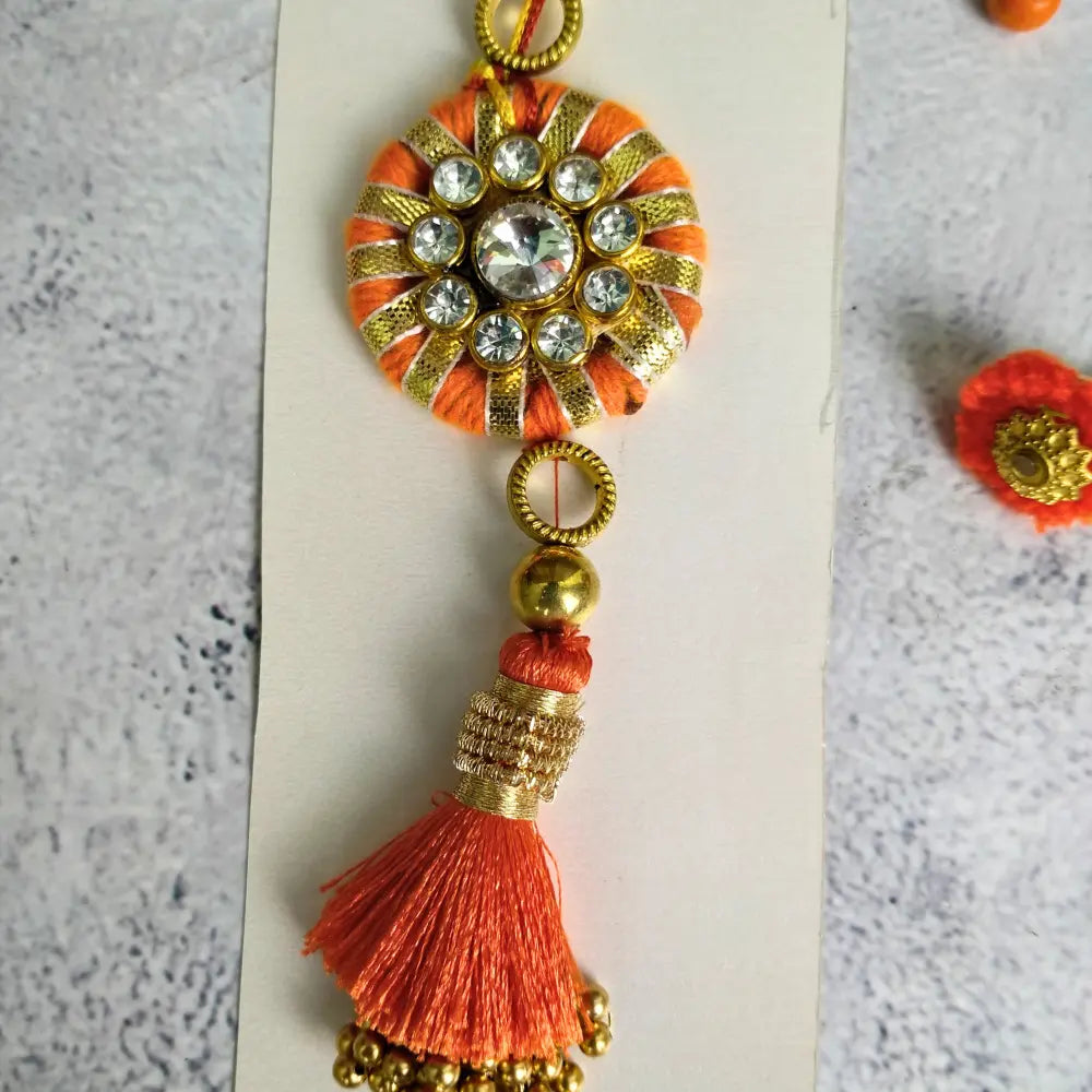 Beautiful Diamond & Gold Gota Rakhi For Bhaiya Bhabhi (Set Of Two)