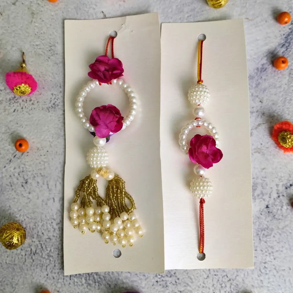Pink Flower & White Pearls Couple Rakhi For Bhaiya Bhabhi (Set OF Two)