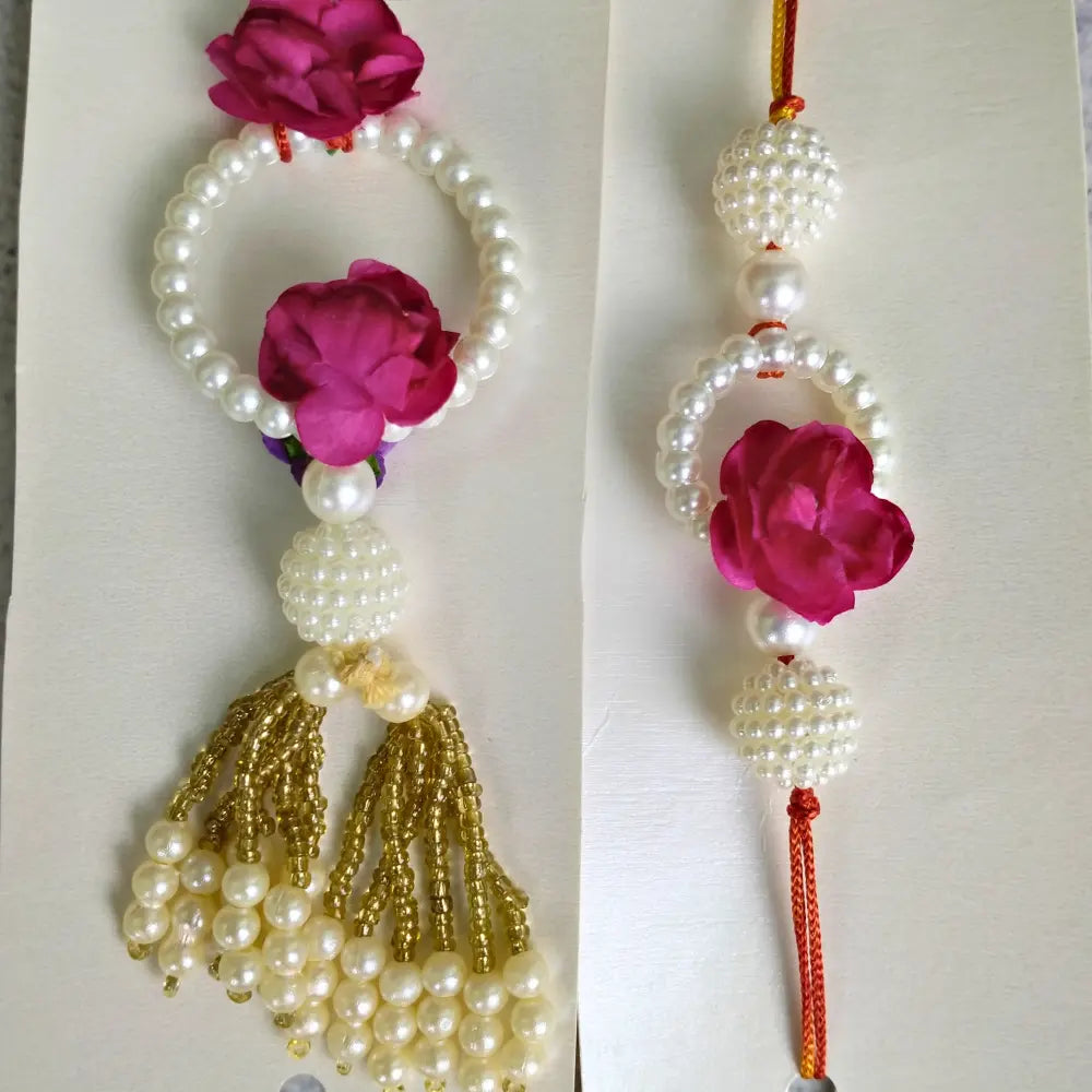Pink Flower & White Pearls Couple Rakhi For Bhaiya Bhabhi (Set OF Two)
