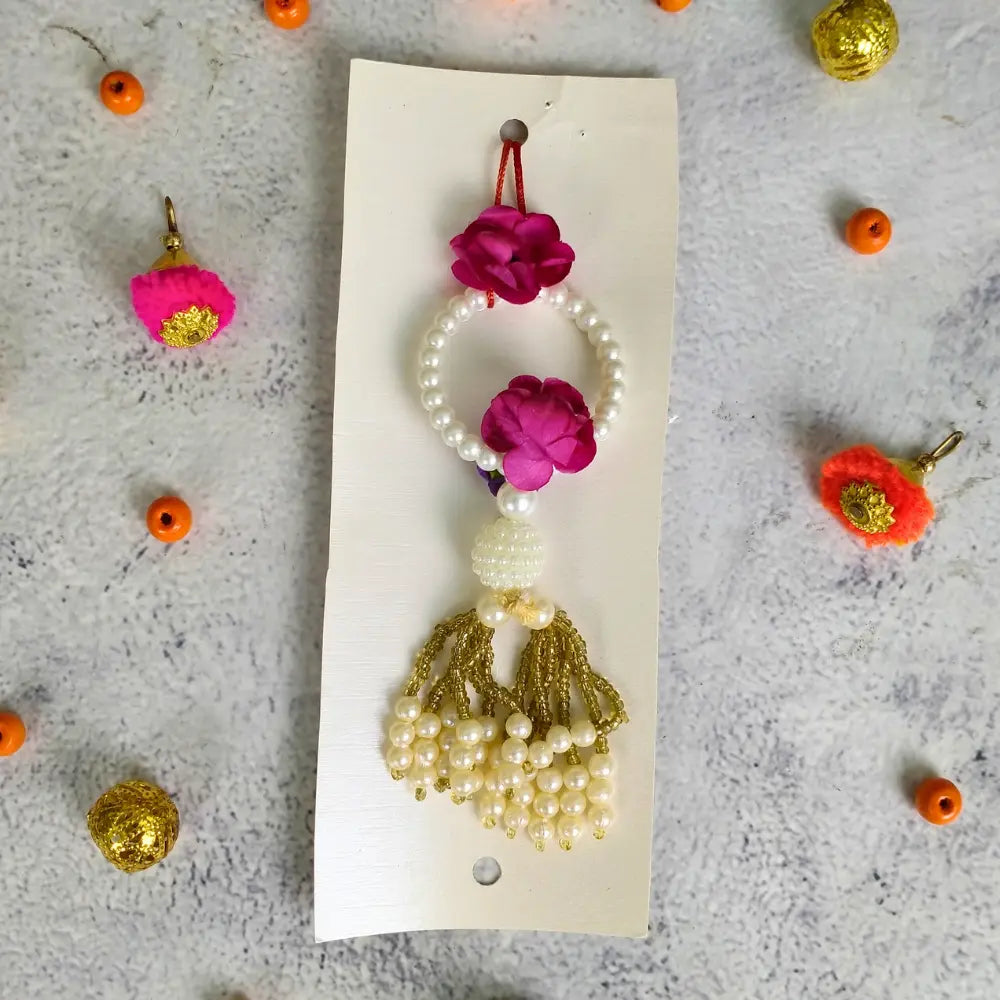Pink Flower & White Pearls Couple Rakhi For Bhaiya Bhabhi (Set OF Two)