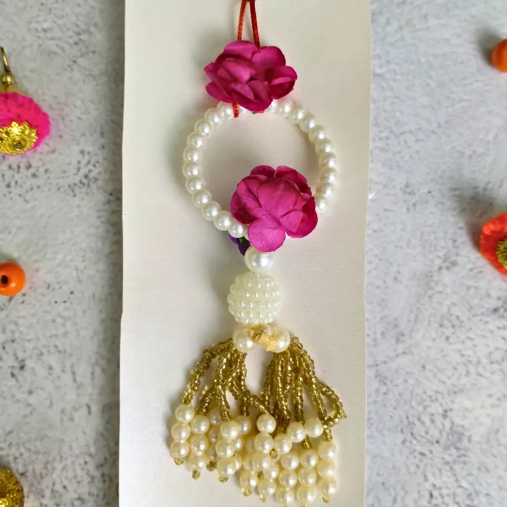 Pink Flower & White Pearls Couple Rakhi For Bhaiya Bhabhi (Set OF Two)