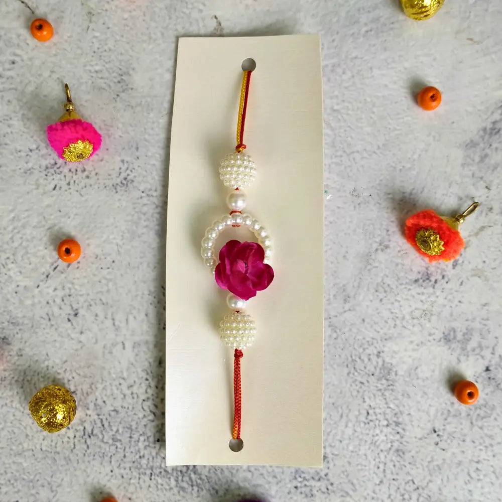 Pink Flower & White Pearls Couple Rakhi For Bhaiya Bhabhi (Set OF Two)