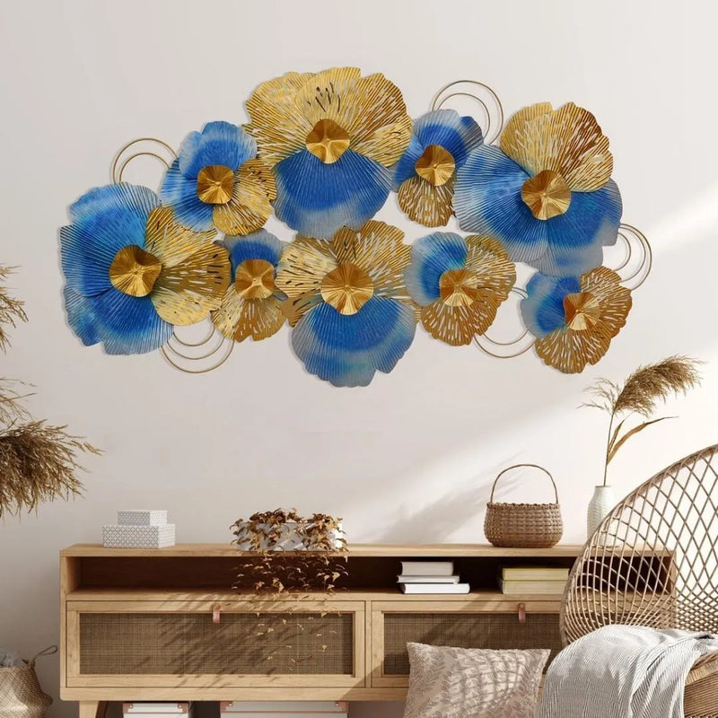 Metal Blue & Golden Flowers Decorative Wall Art (48×24 inches)