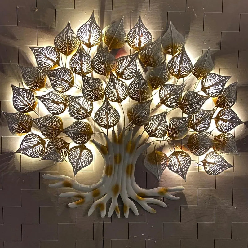 White Golden Leaf Tree Metal Wall Art with LED Lights (48"×48")