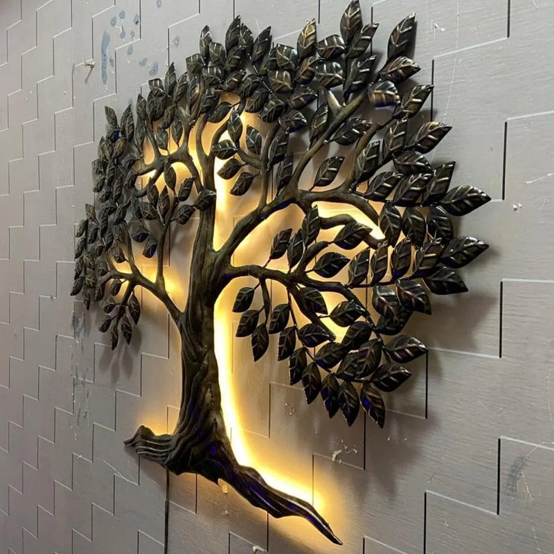 Dark Green Tree Metal Wall Art with LED (38×31 Inches)