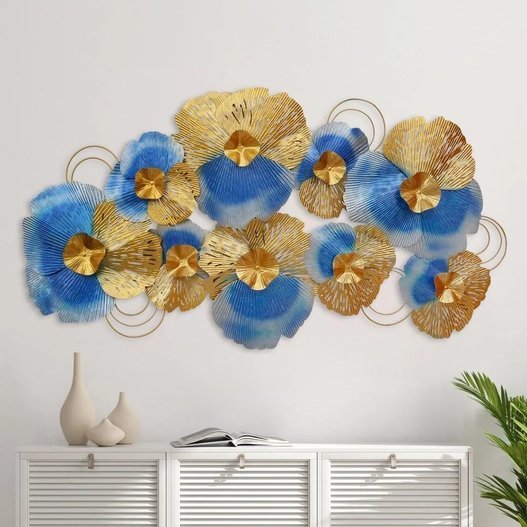 Decorative Metal Wall Sculpture: Elegant Blue and golden Iron Leaf Panel for Your Master Bedroom