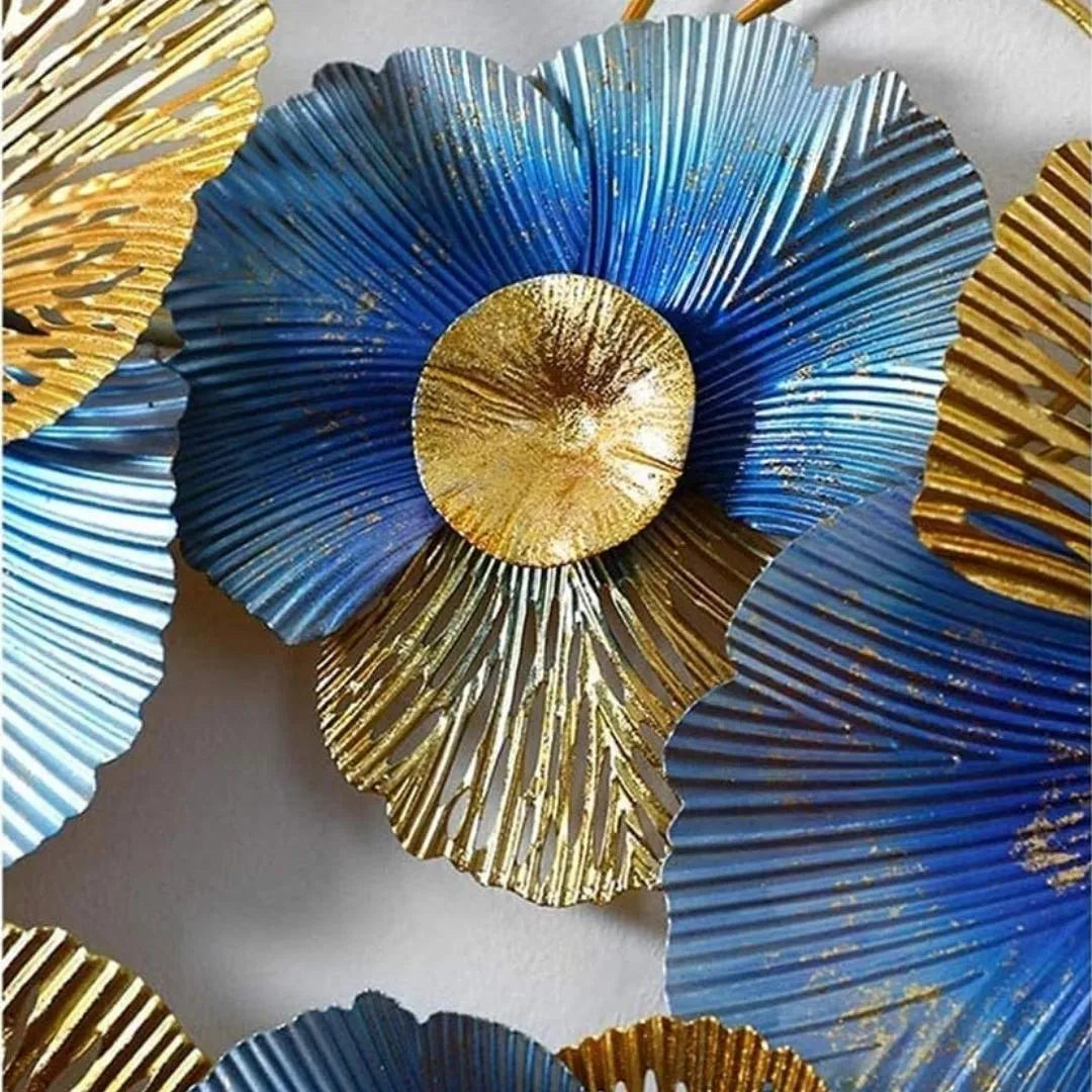 Decorative Metal Wall Sculpture: Elegant Blue and golden Iron Leaf Panel for Your Master Bedroom