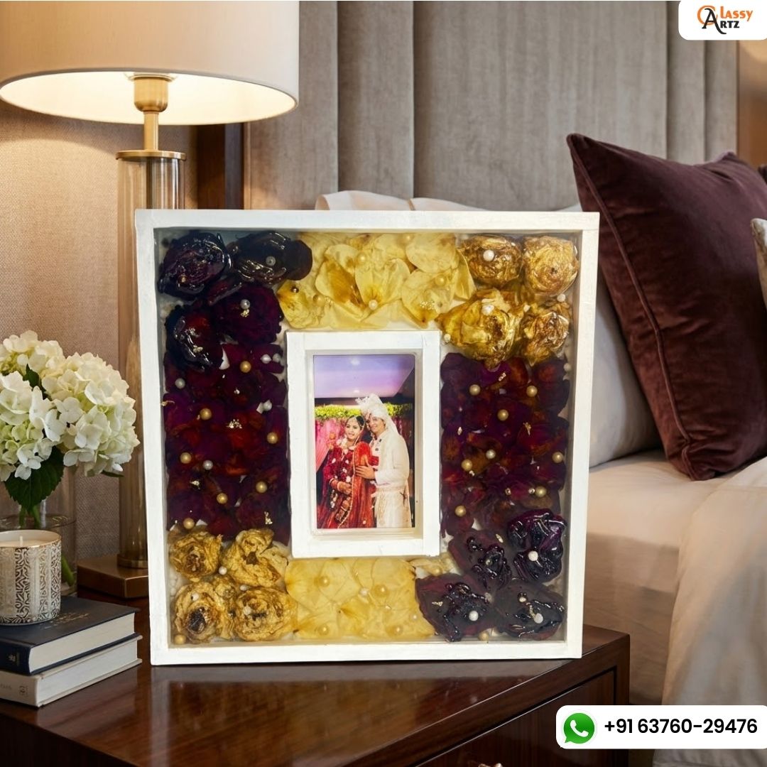 Dual teak wood varmala frame with white mount and golden roses