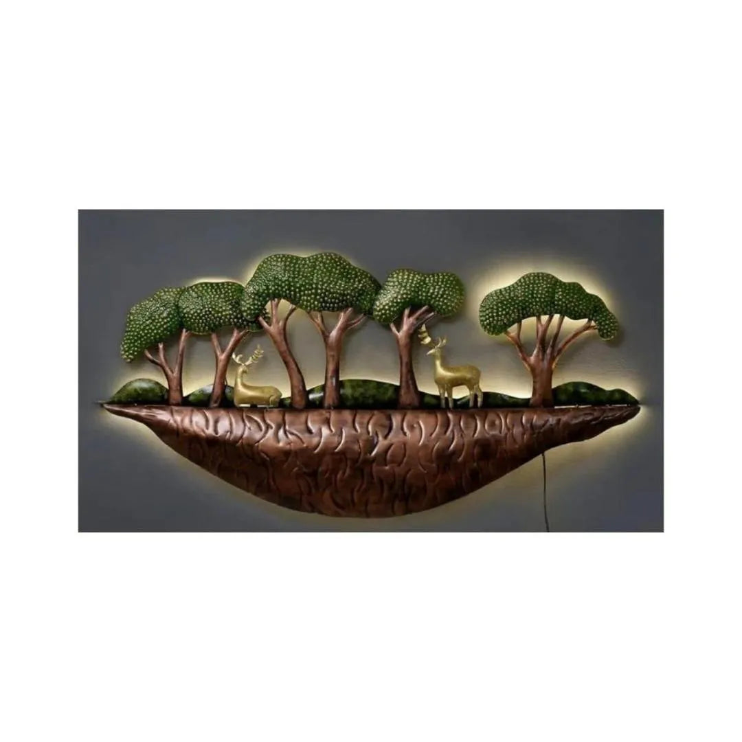 Handmade LED Metal Deer and Forest Wall Art (48×16 Inches)