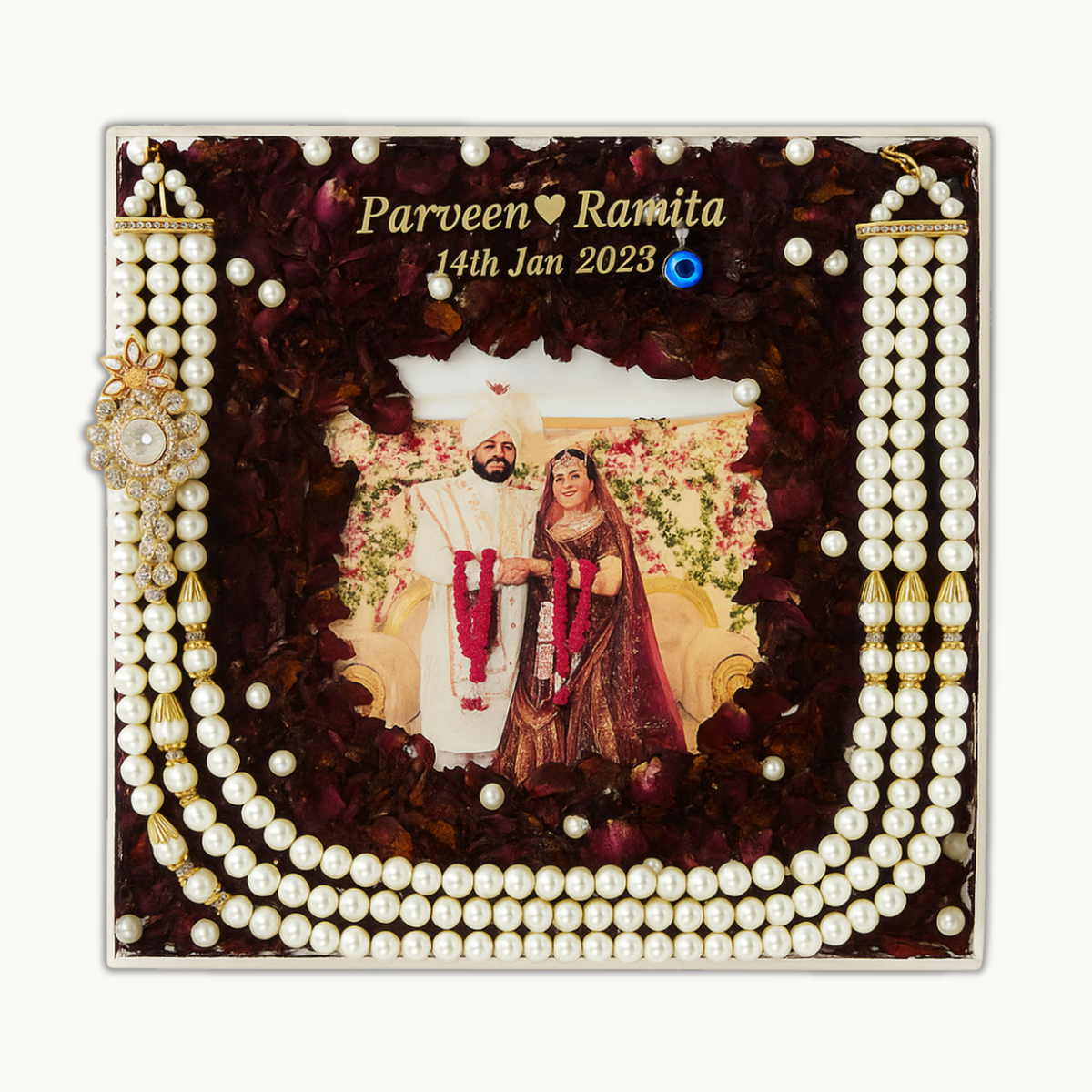 Resin 10 inch acrylic sqaure frame with photo name date , kantha Couple name & Date with photo Varmala Preservation