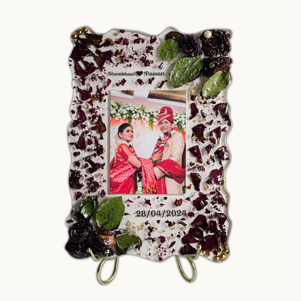 Wavy Edge Varmala Photo Frame with Leaves and Stand, view 2