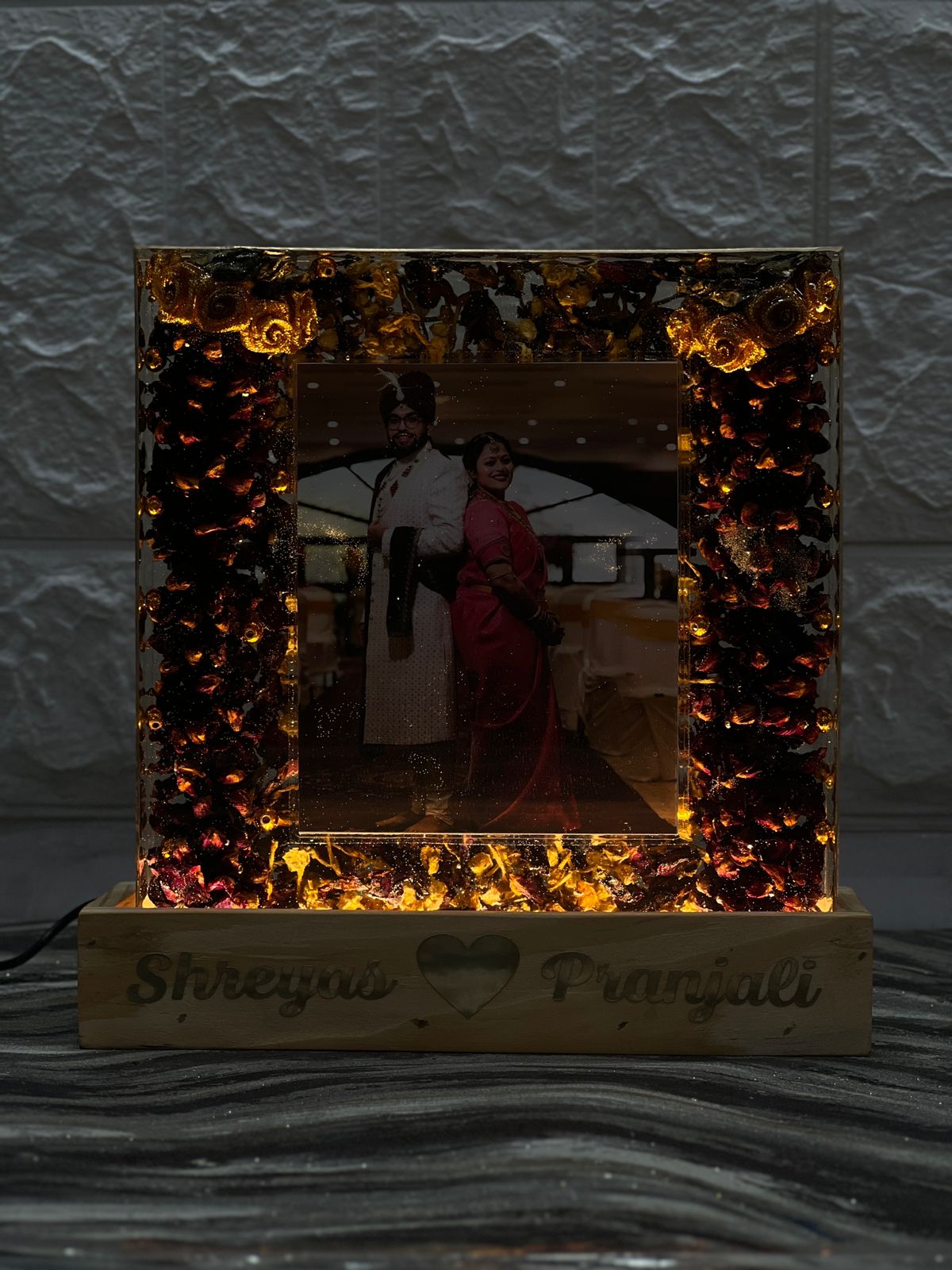 Marriage Garland Varmala Preservation Frame on Teakwood LED Base