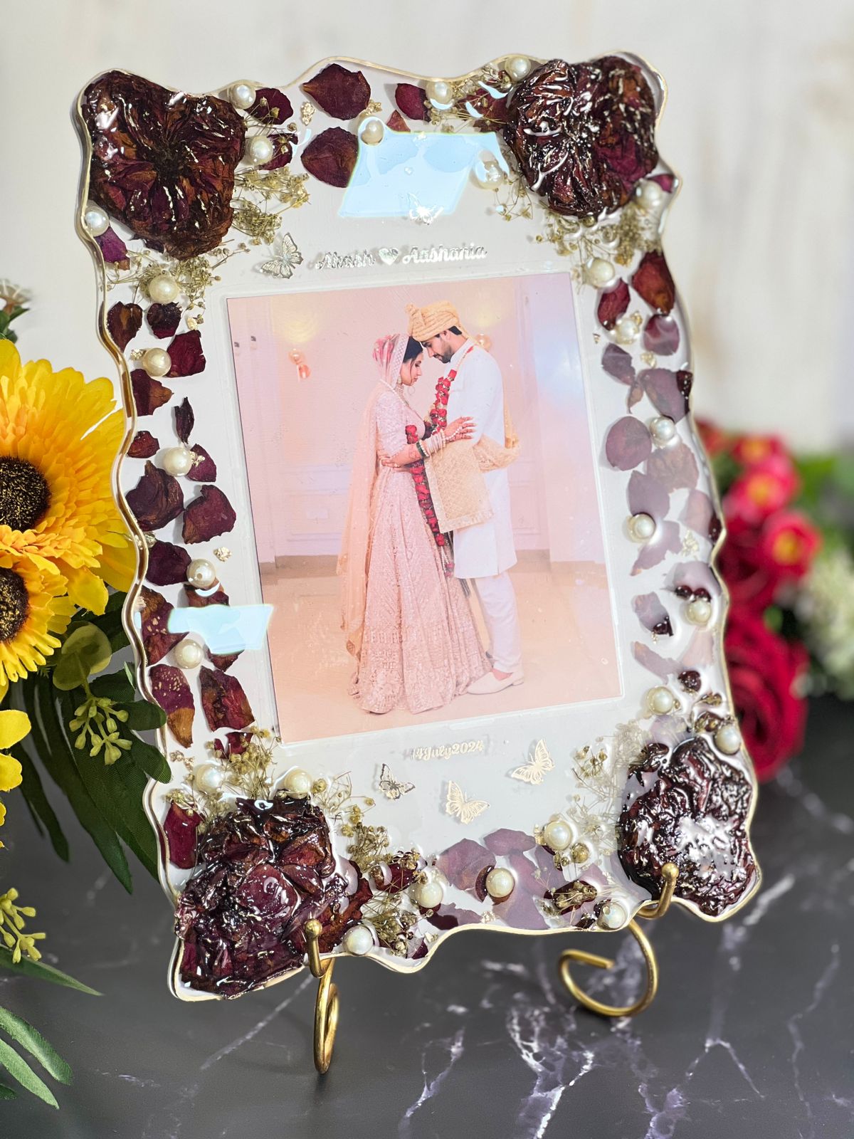 9 by 12 inch Elegant Wedding Varmala Memory Frame | Epoxy Resin Floral Keepsake