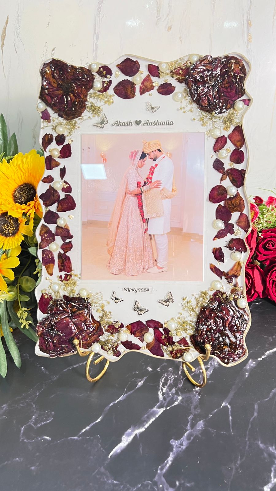 9 by 12 inch Elegant Wedding Varmala Memory Frame | Epoxy Resin Floral Keepsake