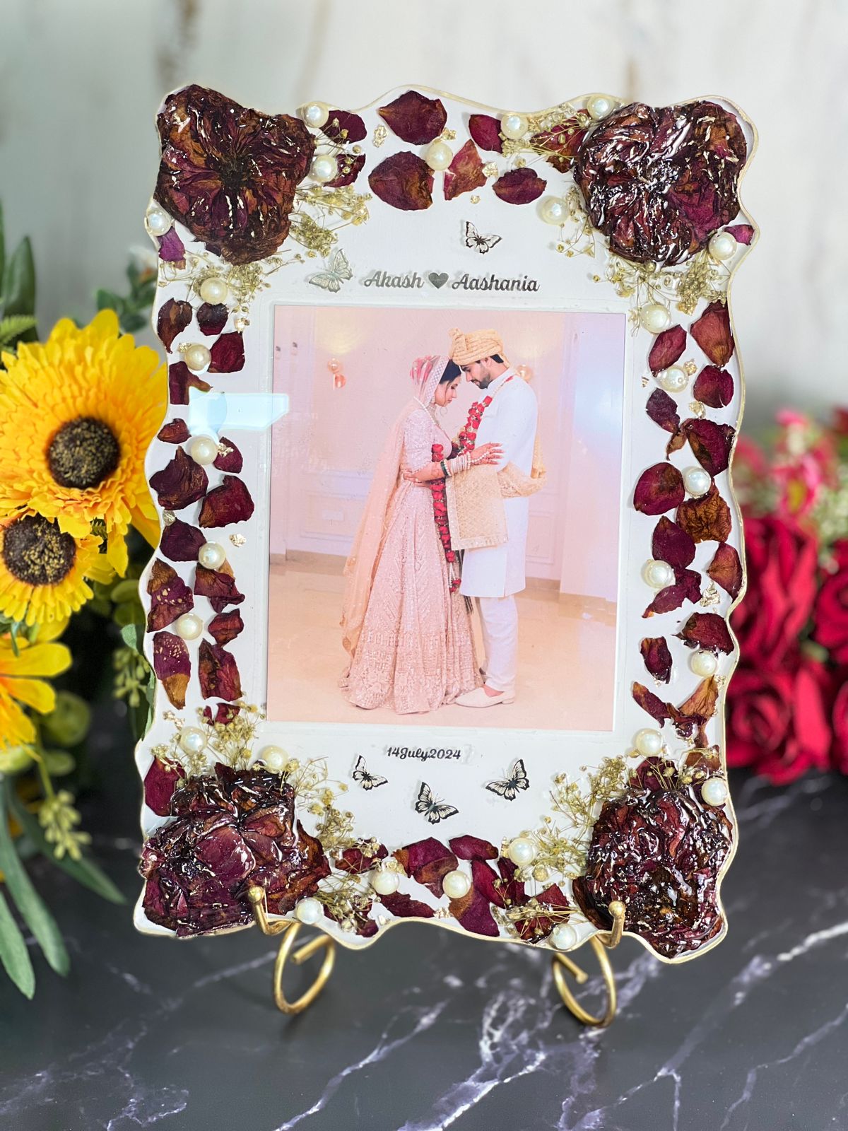 9 by 12 inch Elegant Wedding Varmala Memory Frame | Epoxy Resin Floral Keepsake