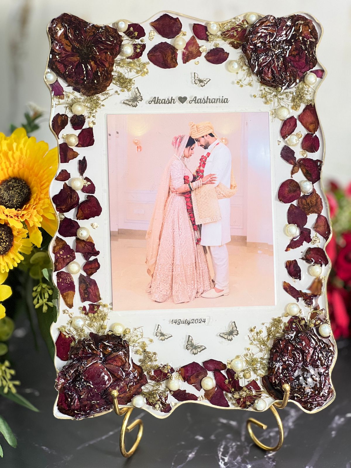 9 by 12 inch Elegant Wedding Varmala Memory Frame | Epoxy Resin Floral Keepsake