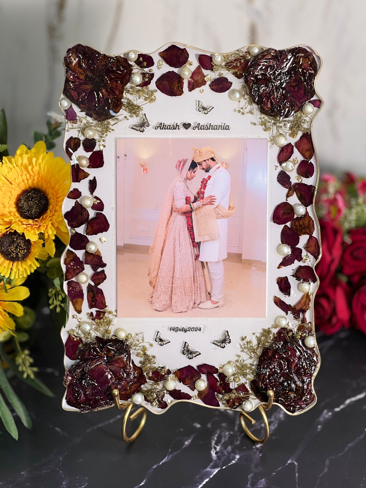 9 by 12 inch Elegant Wedding Varmala Memory Frame | Epoxy Resin Floral Keepsake