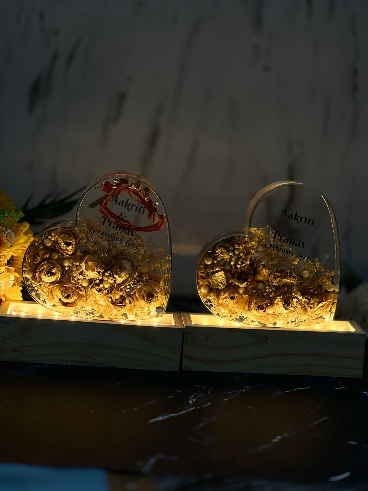 Beautiful heart shape with Yellow flower and Name and Date with LED lamp varmala preservation