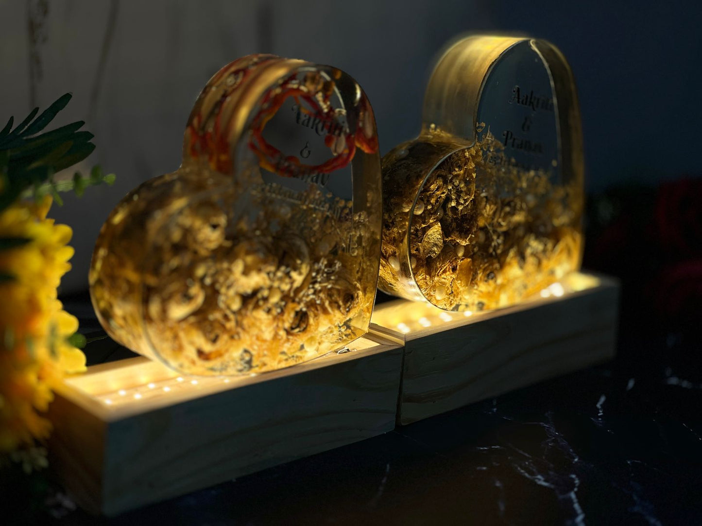 Beautiful heart shape with Yellow flower and Name and Date with LED lamp varmala preservation