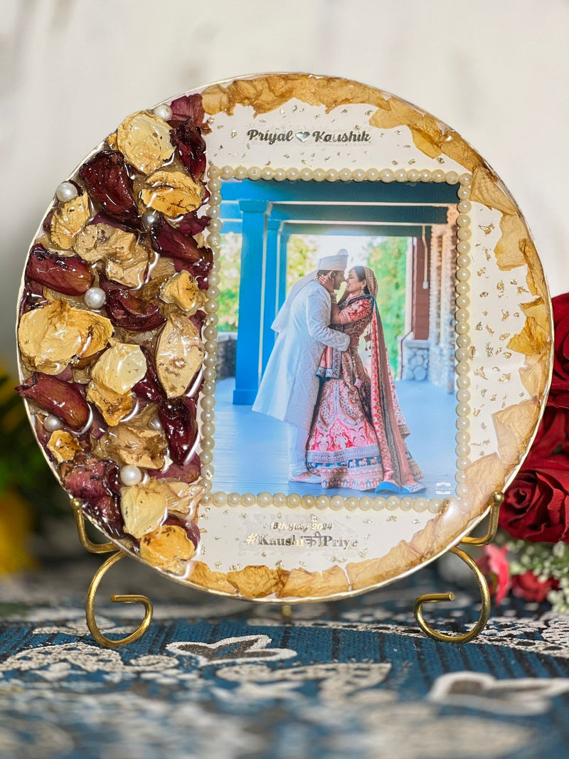 Resin 10inch round with red and yellow patels with moti and couple photo and name and date with metal stand Varmala Preservation