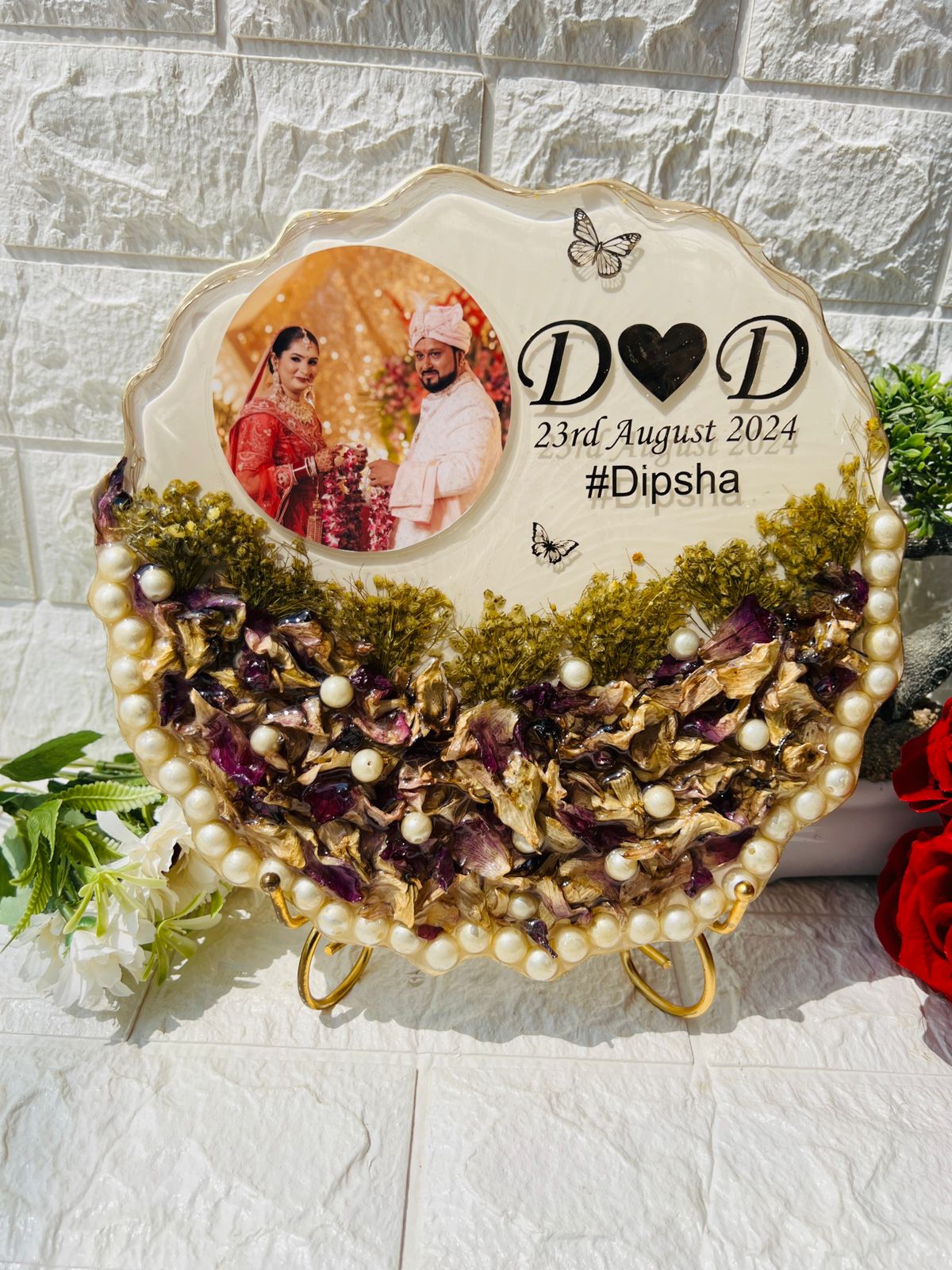 Resin 10inch curve shape with Purple Orchid Flower with couple Photo and Name date with hashtag wit LED option with metal stand varmala preservation