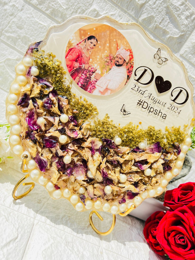 Resin 10inch curve shape with Purple Orchid Flower with couple Photo and Name date with hashtag wit LED option with metal stand varmala preservation