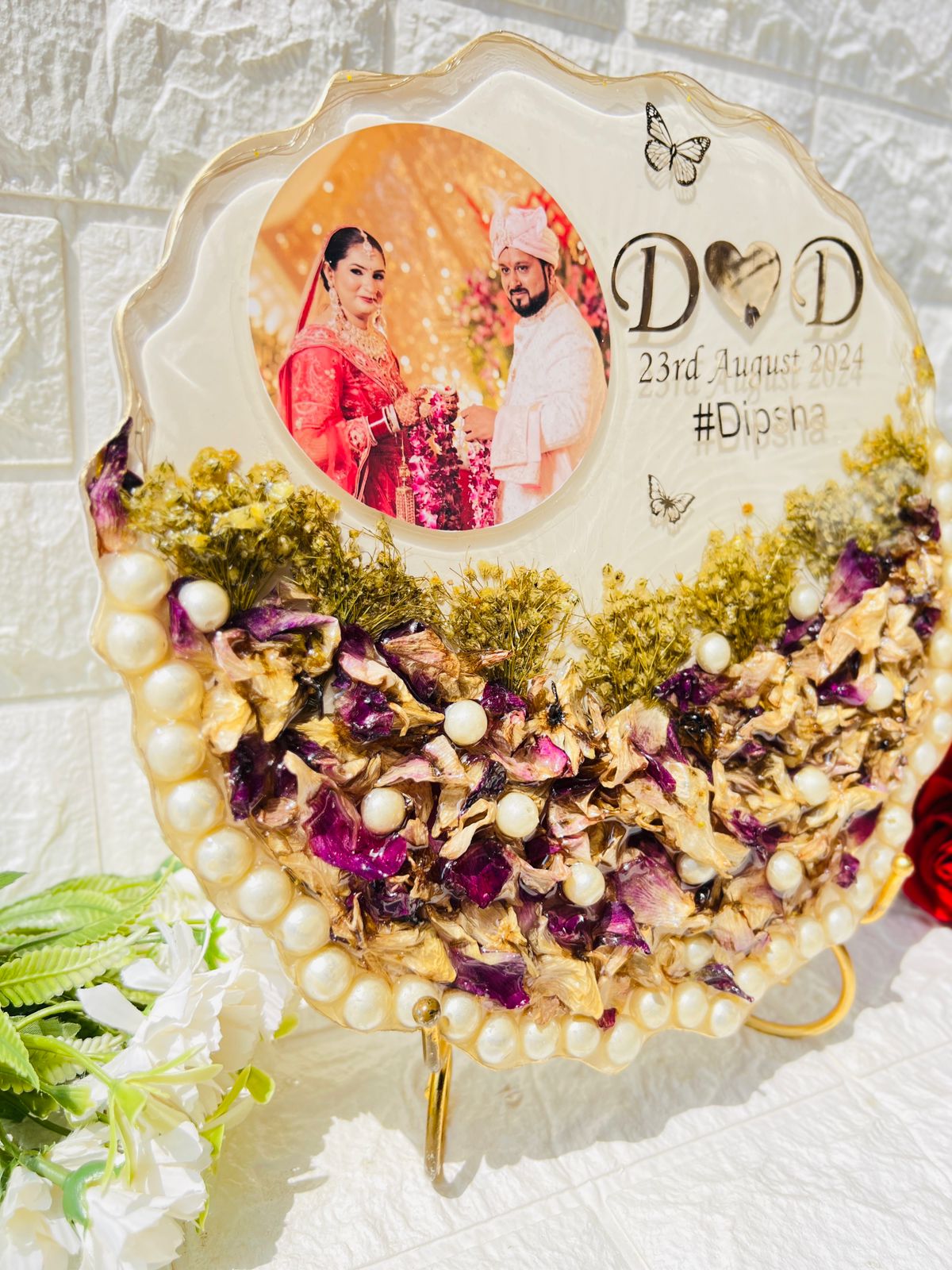 Resin 10inch curve shape with Purple Orchid Flower with couple Photo and Name date with hashtag wit LED option with metal stand varmala preservation