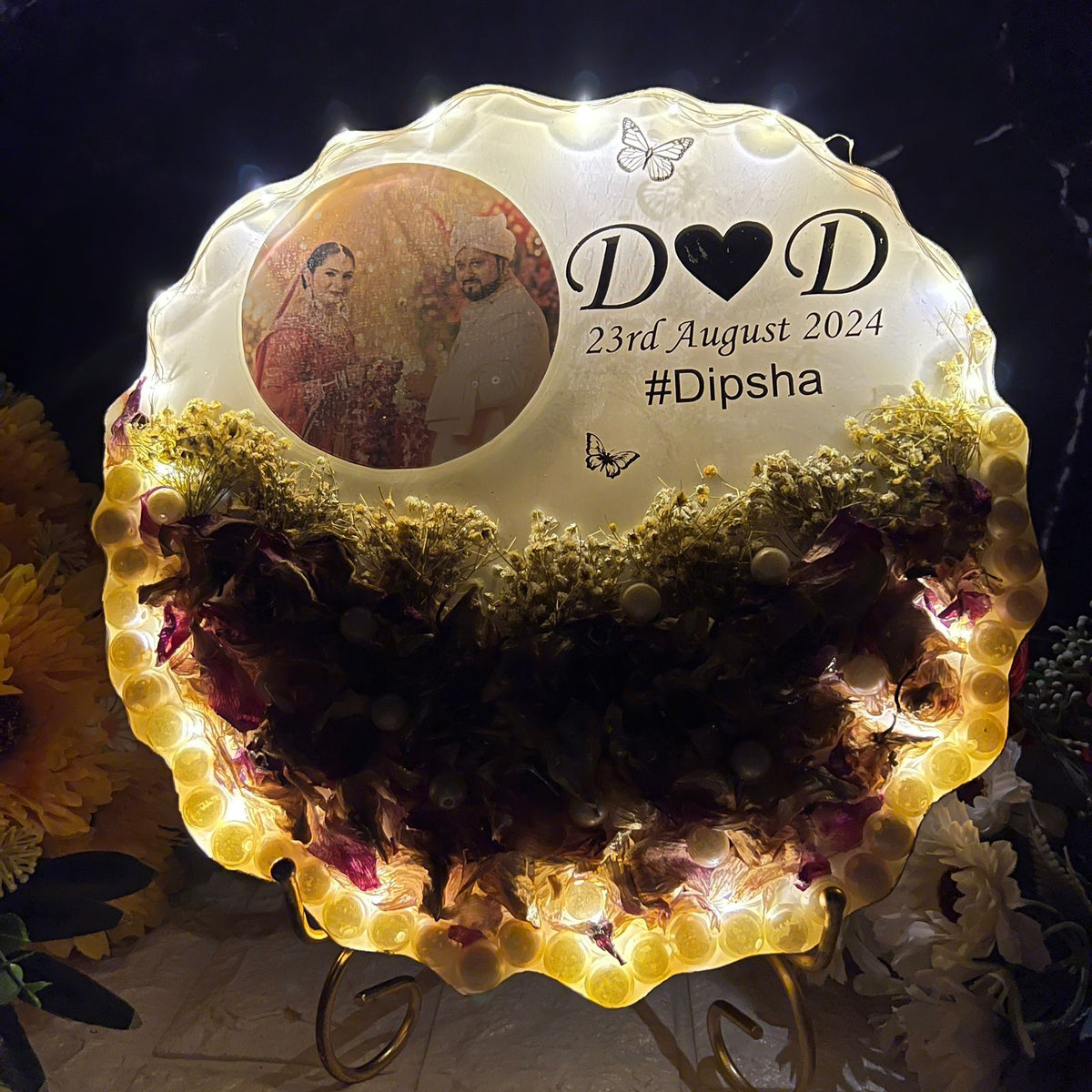 Resin 10inch curve shape with Purple Orchid Flower with couple Photo and Name date with hashtag wit LED option with metal stand varmala preservation