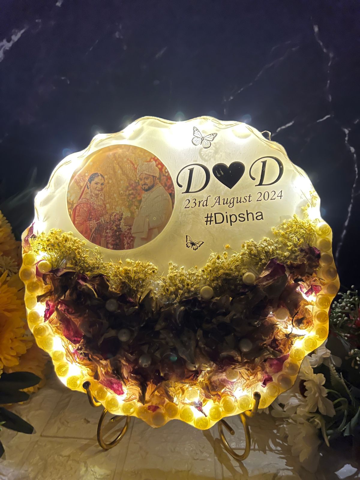 Resin 10inch curve shape with Purple Orchid Flower with couple Photo and Name date with hashtag wit LED option with metal stand varmala preservation