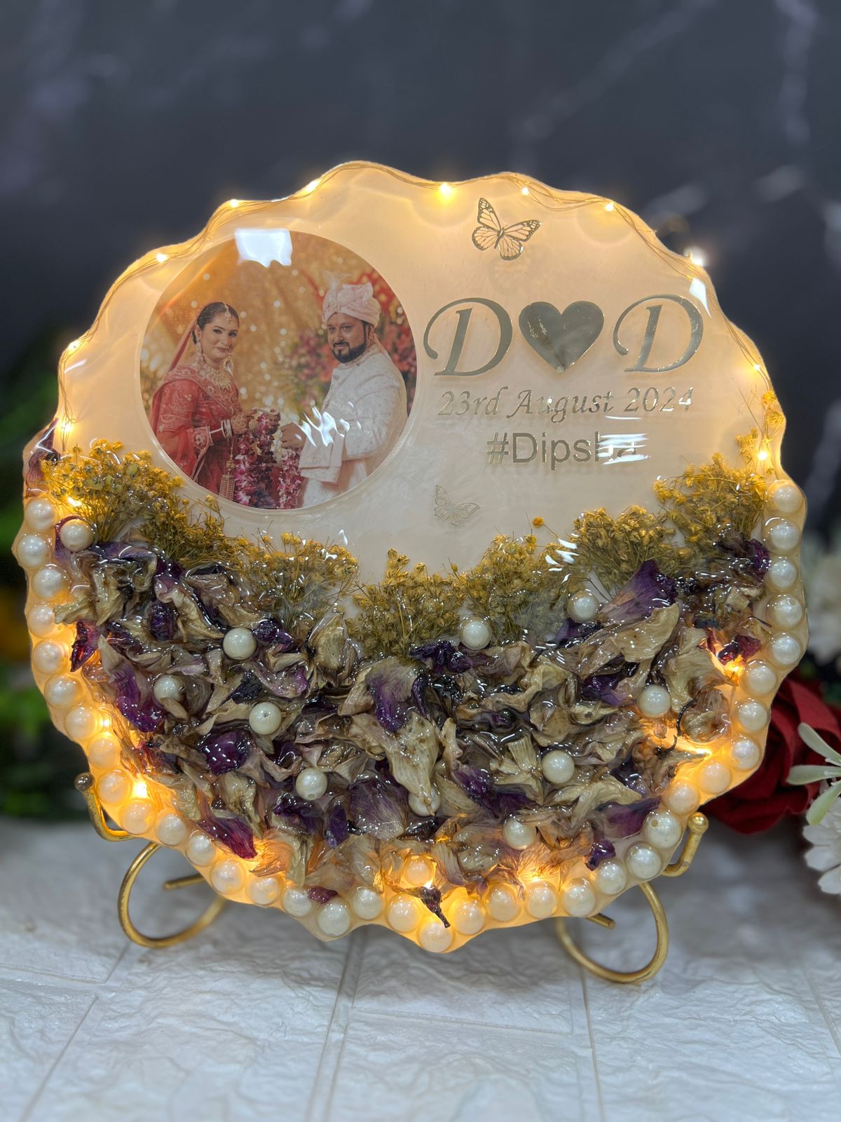 Resin 10inch curve shape with Purple Orchid Flower with couple Photo and Name date with hashtag wit LED option with metal stand varmala preservation