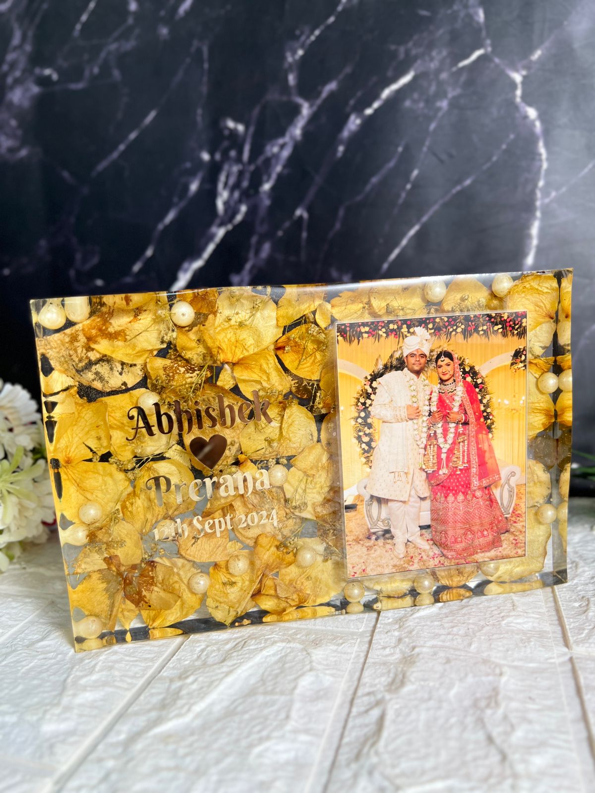 Resin 9 by 6inch Recatngular shape with white petals and couple photo and Name,Date,Hastag, with LED stand Varmala preservation