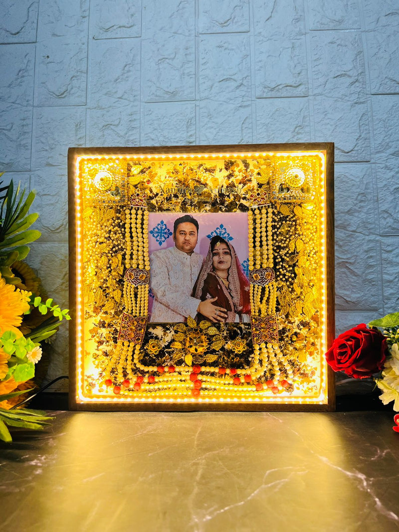 Resin 12 by 12 inch wooden frame with LED and cruch of flowers peserved with Memory Varmala Preservation