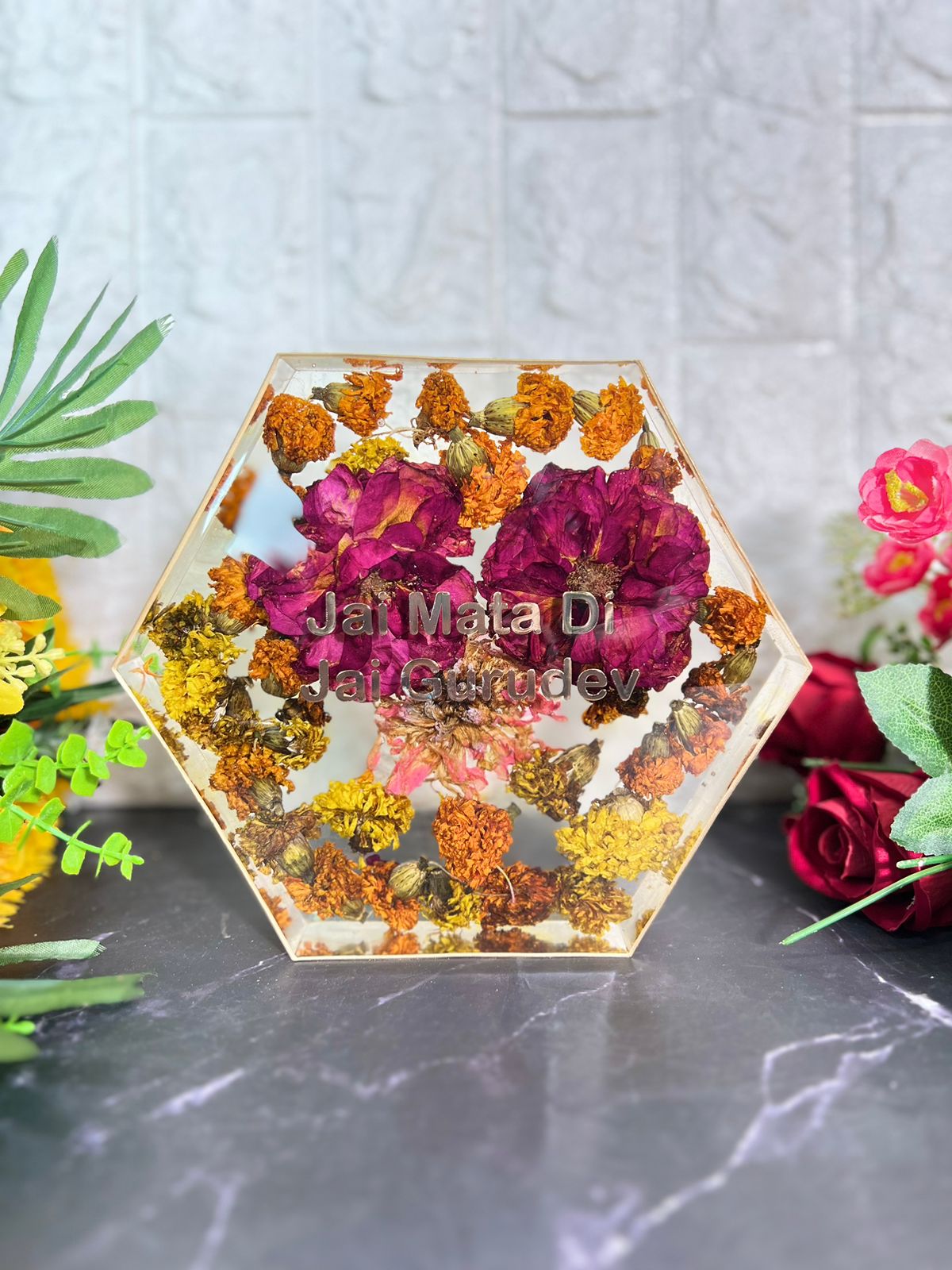 Resin 8inch hexagonal frame with holy flower preservation