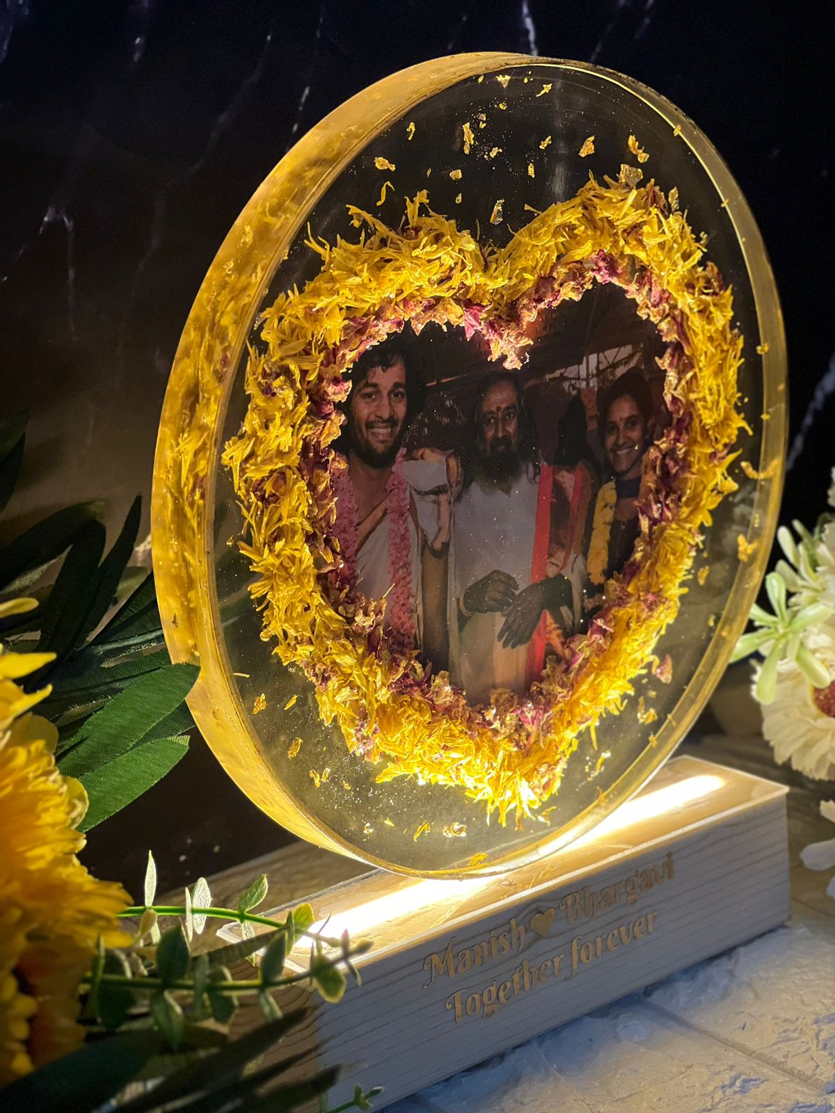 Resin 8inch round with yellow and pink flower petals with Heart shape and couple photo and Name with LED stand Varmala Preservation