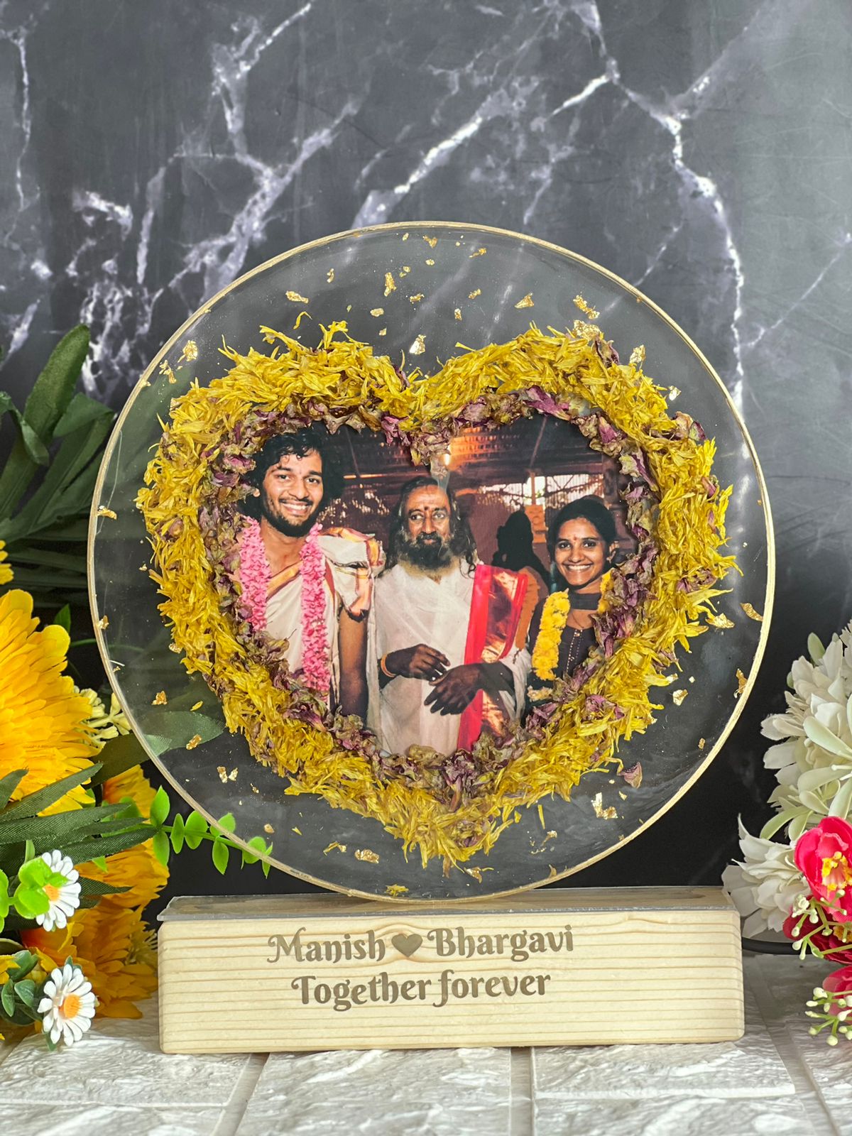 Resin 8inch round with yellow and pink flower petals with Heart shape and couple photo and Name with LED stand Varmala Preservation