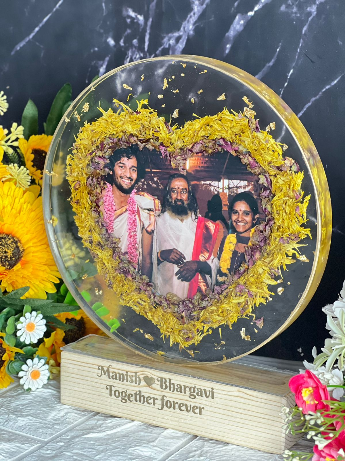 Resin 8inch round with yellow and pink flower petals with Heart shape and couple photo and Name with LED stand Varmala Preservation