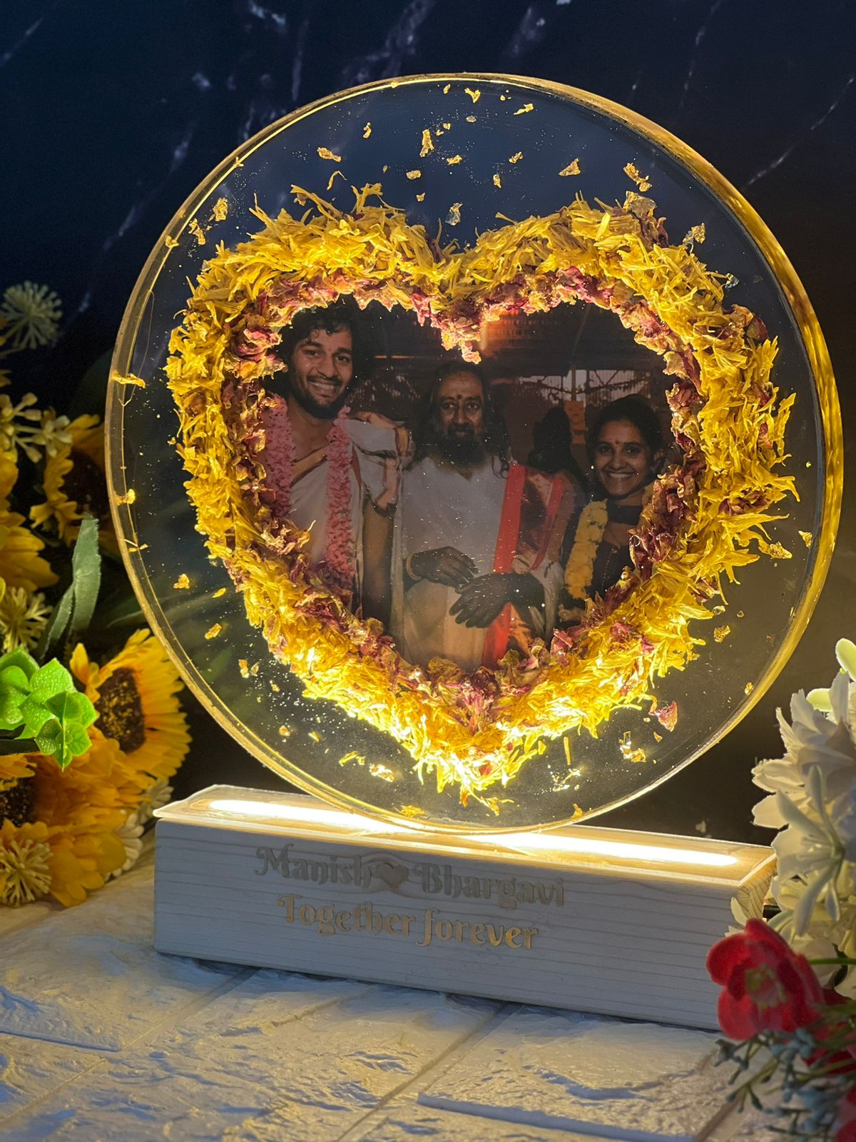 Resin 8inch round with yellow and pink flower petals with Heart shape and couple photo and Name with LED stand Varmala Preservation