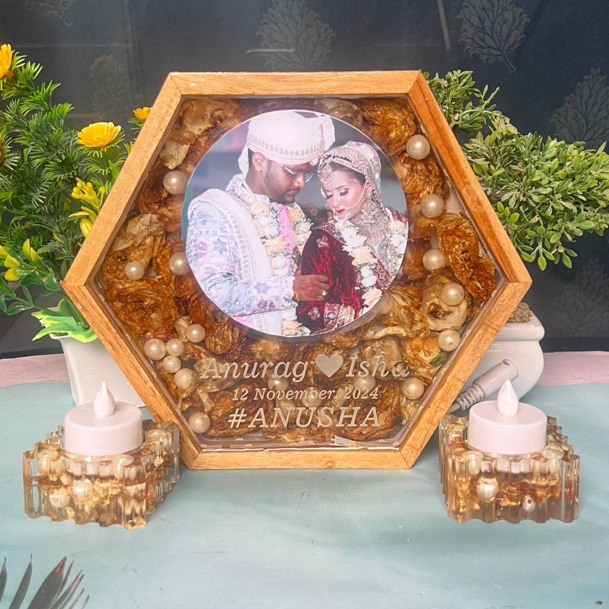 8-Inches Varmala Preserved Wooden Hexagonal LED Frame | Resin Candle Holder