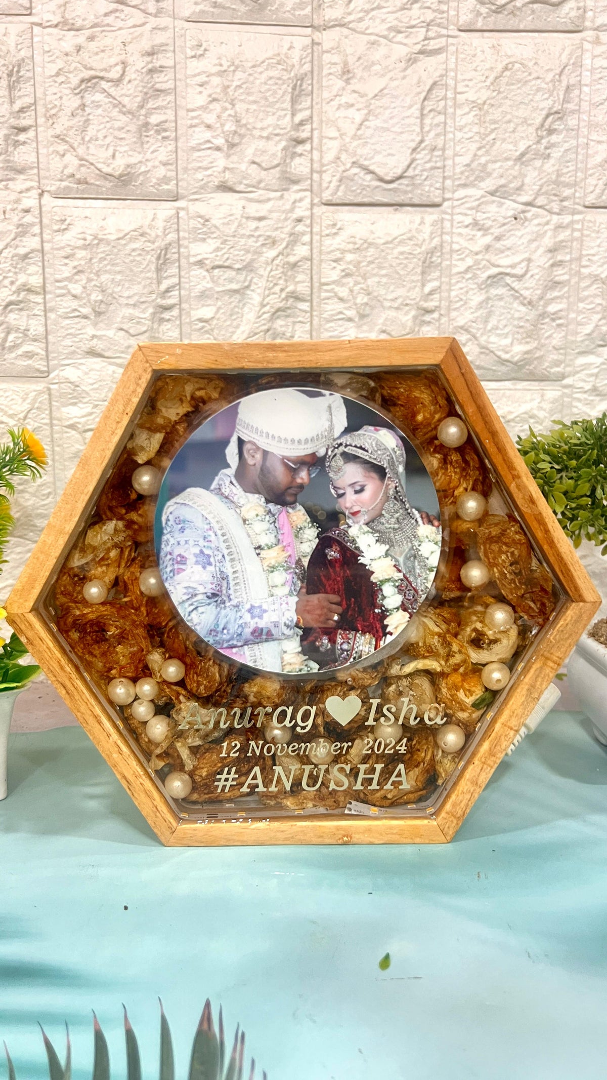 8-Inches Varmala Preserved Wooden Hexagonal LED Frame | Resin Candle Holder