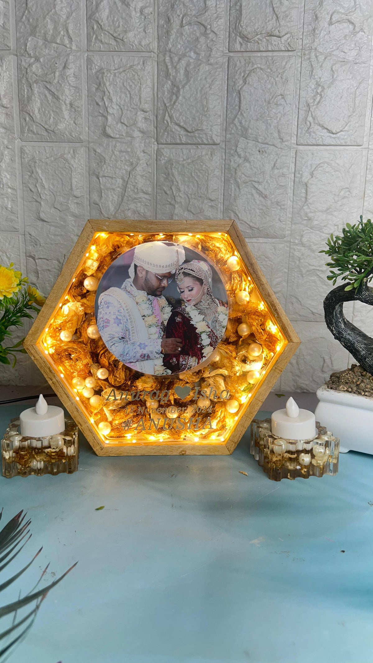 8-Inches Varmala Preserved Wooden Hexagonal LED Frame | Resin Candle Holder