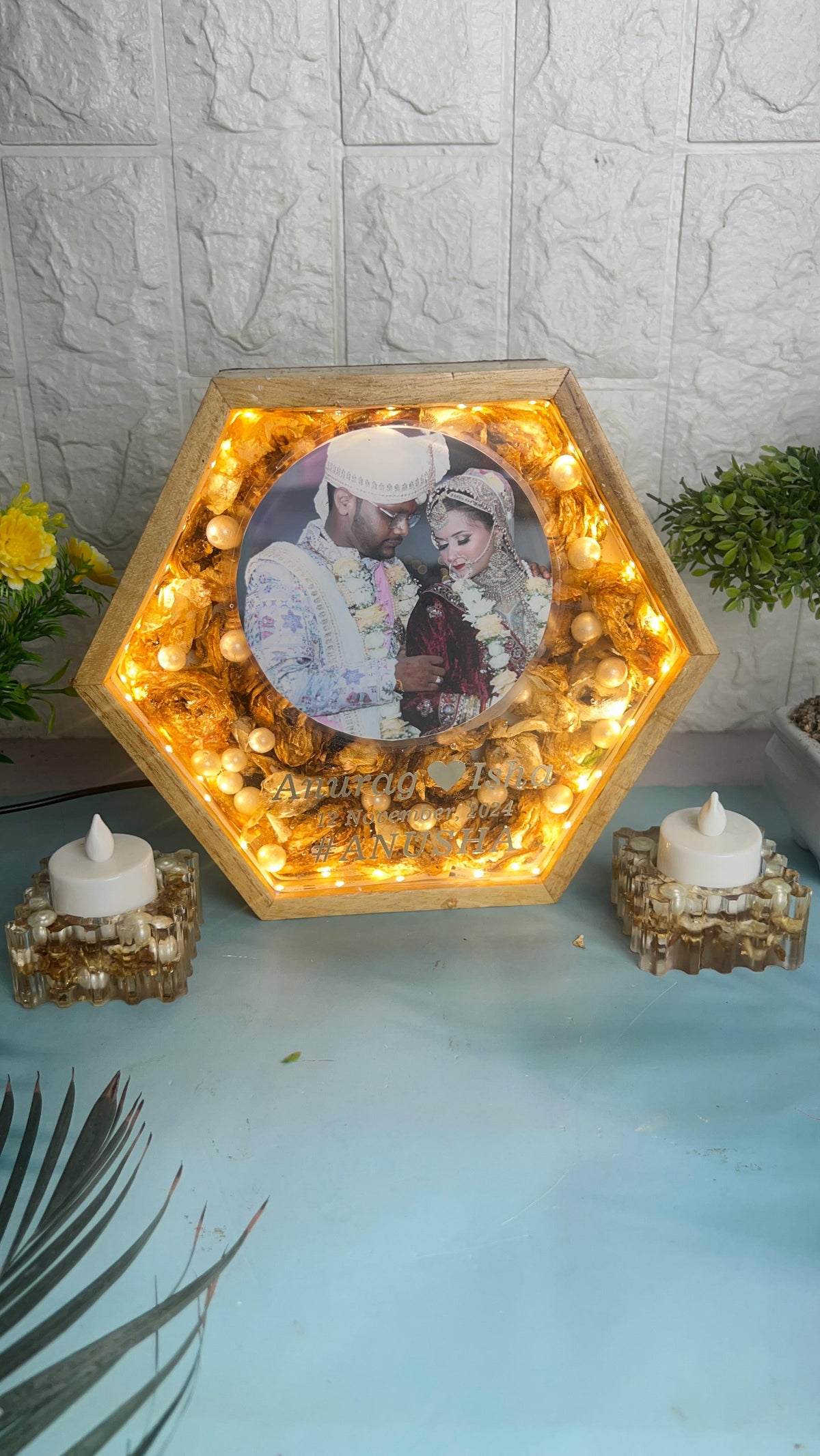 8-Inches Varmala Preserved Wooden Hexagonal LED Frame | Resin Candle Holder