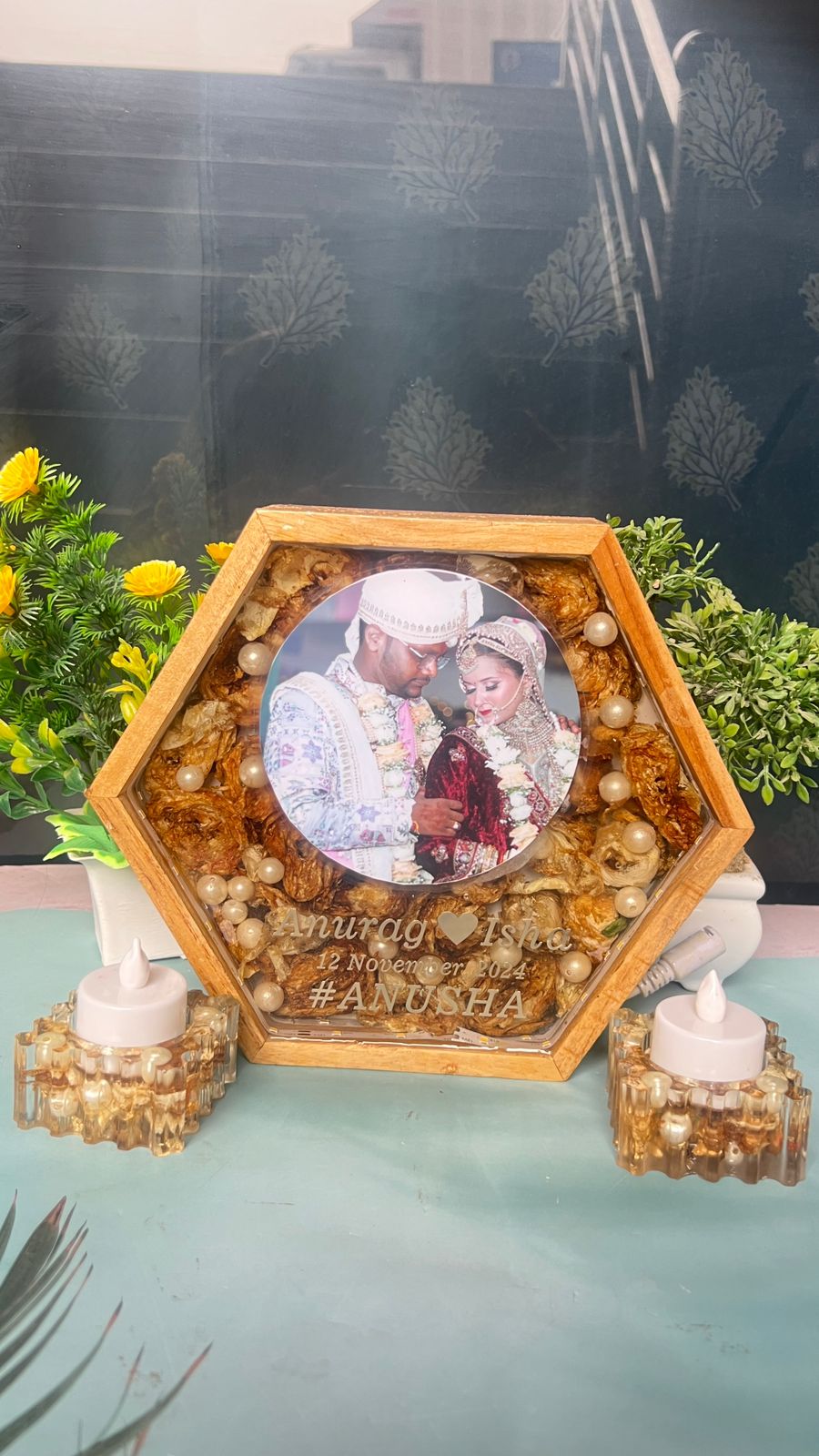 8-Inches Varmala Preserved Wooden Hexagonal LED Frame | Resin Candle Holder