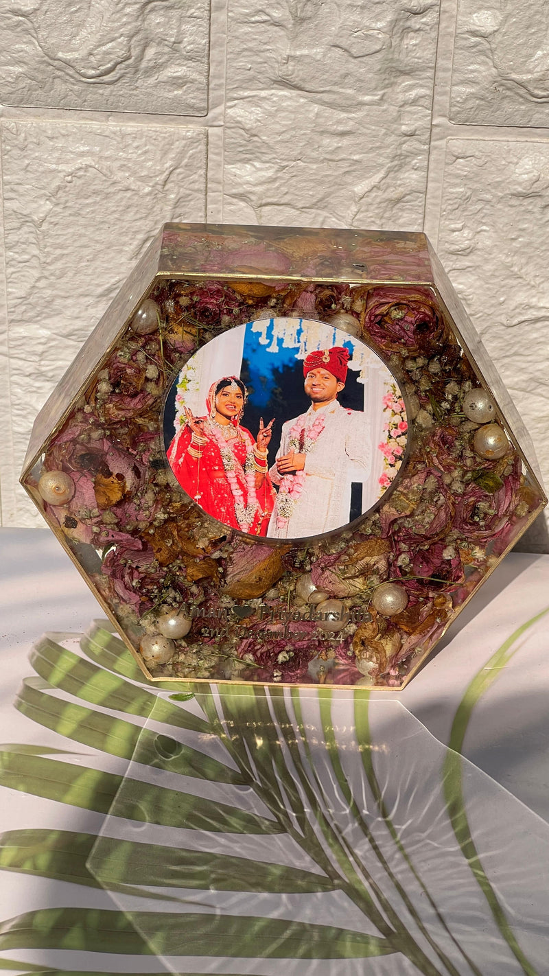 Resin 8inch Pink flowers with Couple Name and Photo With Memoreis Varmala Preservation